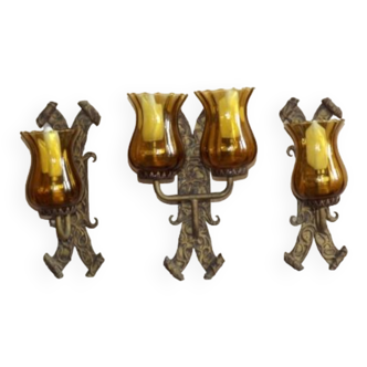 Set of 3 hand forged wrought iron medieval style wall lights glass shades 4244
