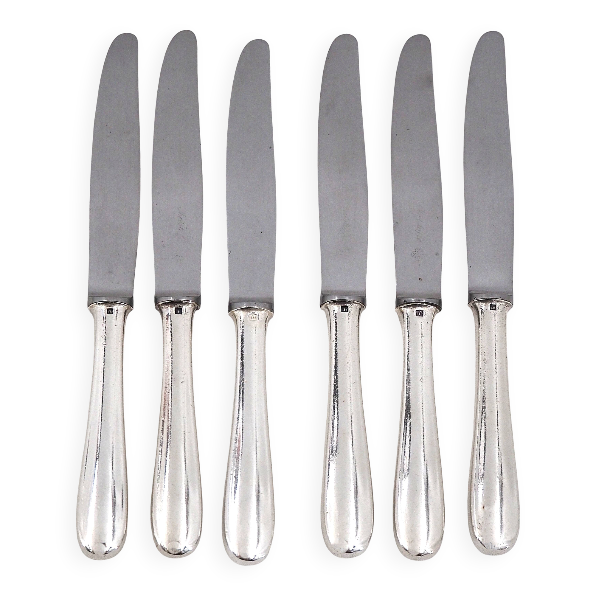 Christofle model Dax, 6 dessert, cheese, and side knives, silver metal.