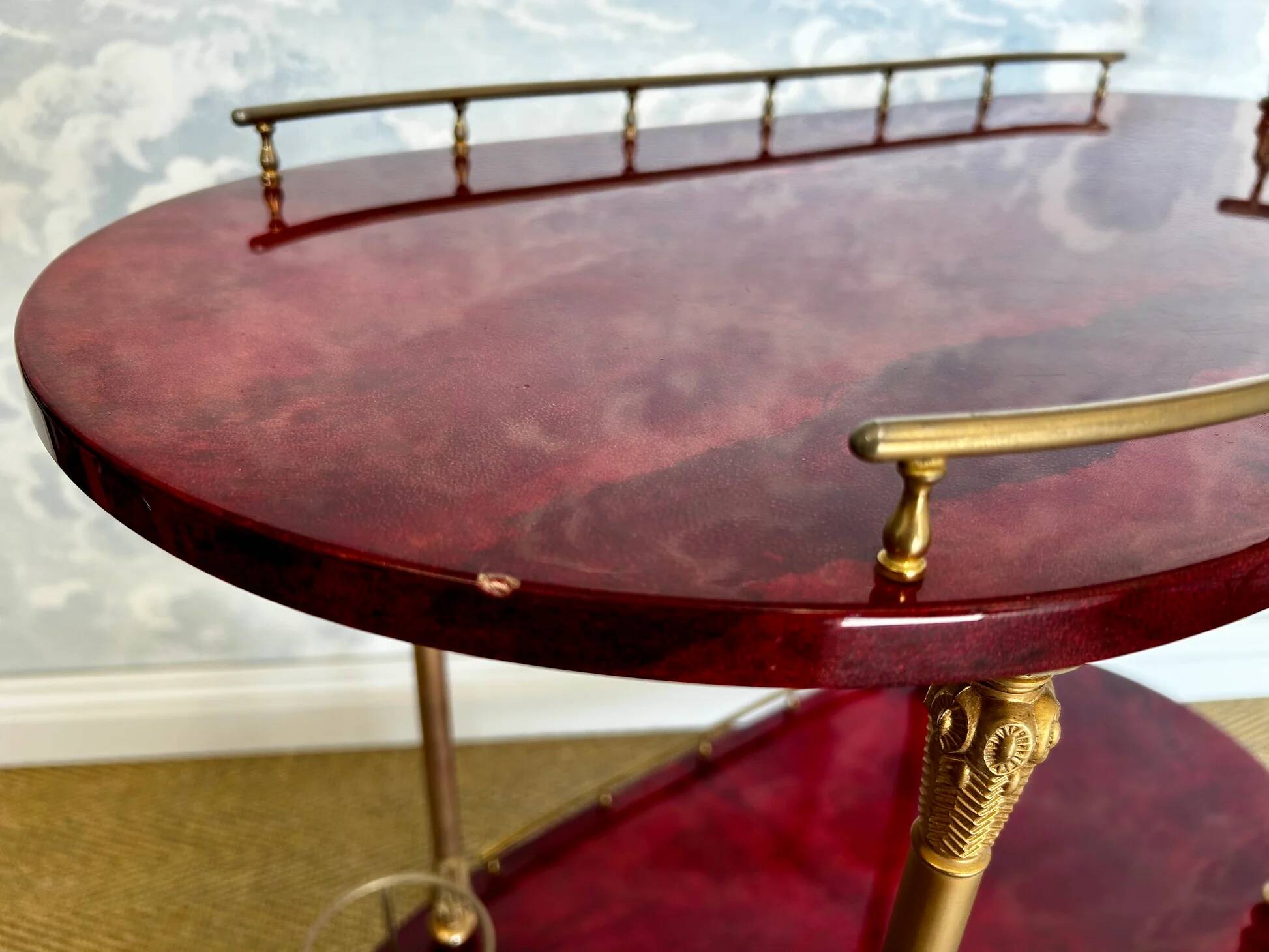 Cherry-red bar cart by Aldo Tura, Italy, 1960s, Hollywood Regency