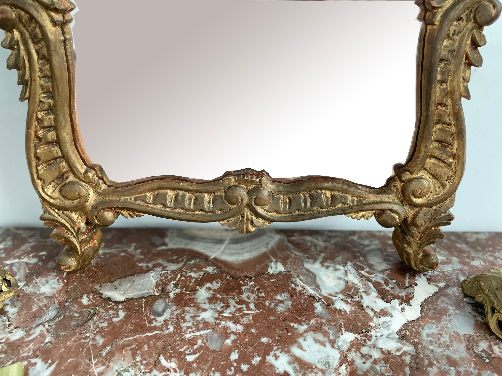 Antique mirror in stuccoed and gilded wood - rocaille style - France 50x86cm