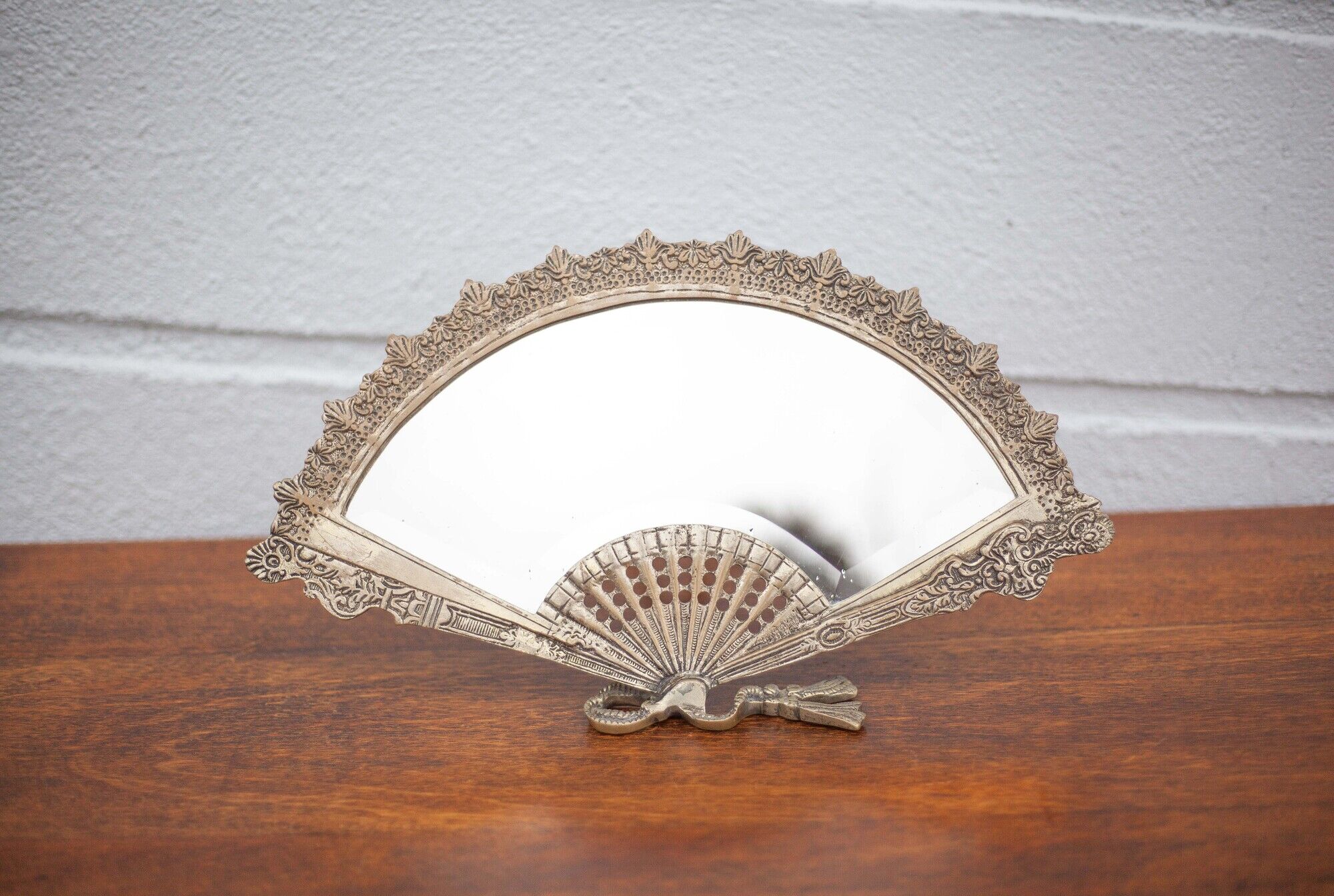 Patinated brass fan mirror, table mirror, courtesy mirror, beveled mirror, mirror to be installed