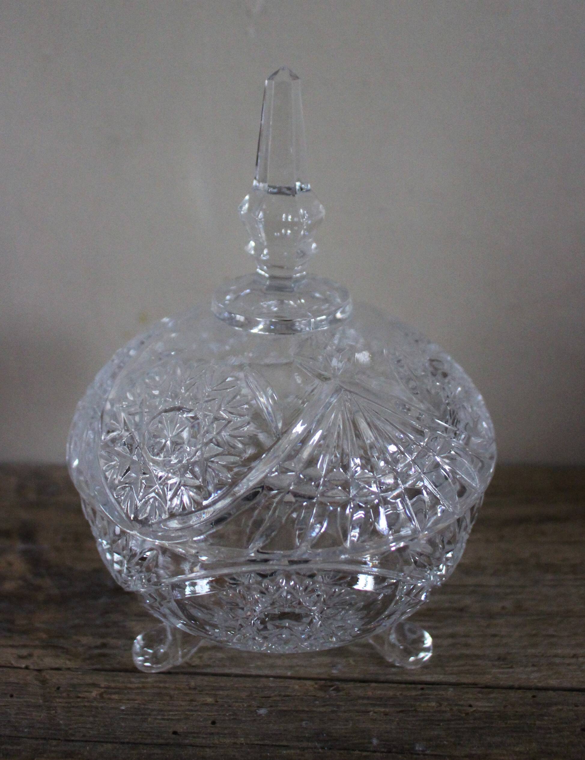 Cut glass sugar bowl on a stand