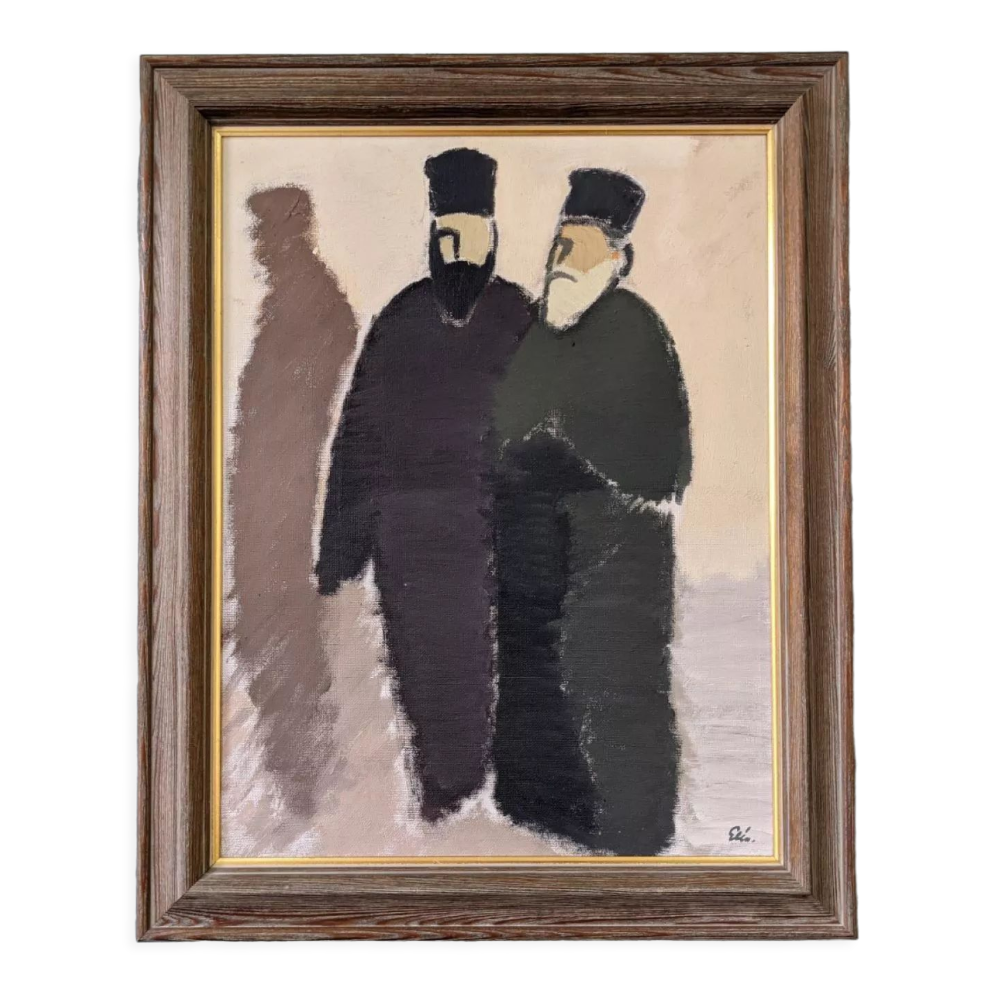 Mid-Century Modern Swedish "The Priests" Vintage Figurative Oil Painting, Framed