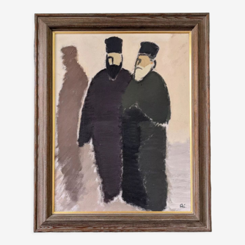 Mid-Century Modern Swedish "The Priests" Vintage Figurative Oil Painting, Framed