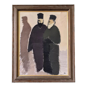 Mid-Century Modern Swedish "The Priests" Vintage Figurative Oil Painting, Framed