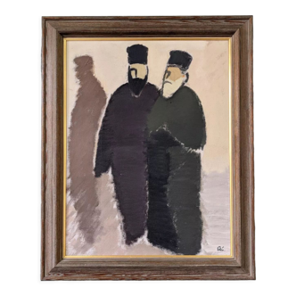 Peinture à l’huile figurative vintage suédoise moderne du milieu du siècle « Les prêtres », encadrée