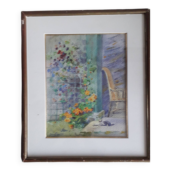 Tableau ancien représentant un paysage avec un chat