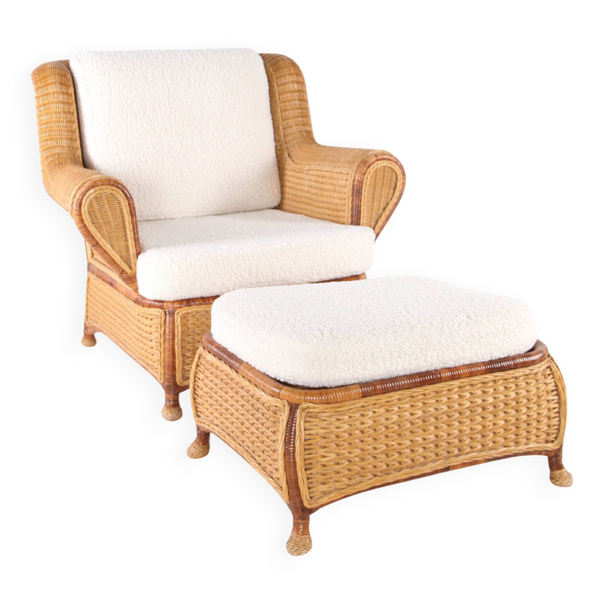 Large wicker armchair and its ottoman