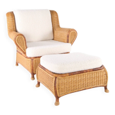 Large wicker armchair and its ottoman