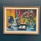 Huile sur toile originale suédoise – « Livre et fleurs » par Eyvind Olesen – cadre vintage