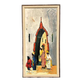 Huile sur panneau d'origine suédoise – « Villageois » par Jörgen Bruun – Signé – Vintage et encadré