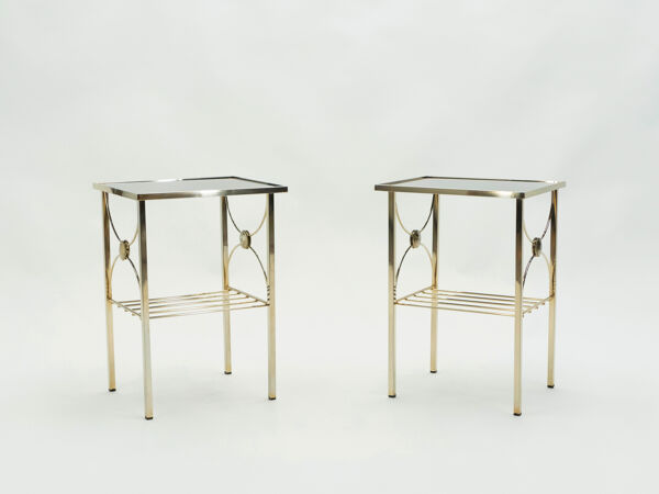 Paire bouts de canapé métal doré verre opalin noir 1960