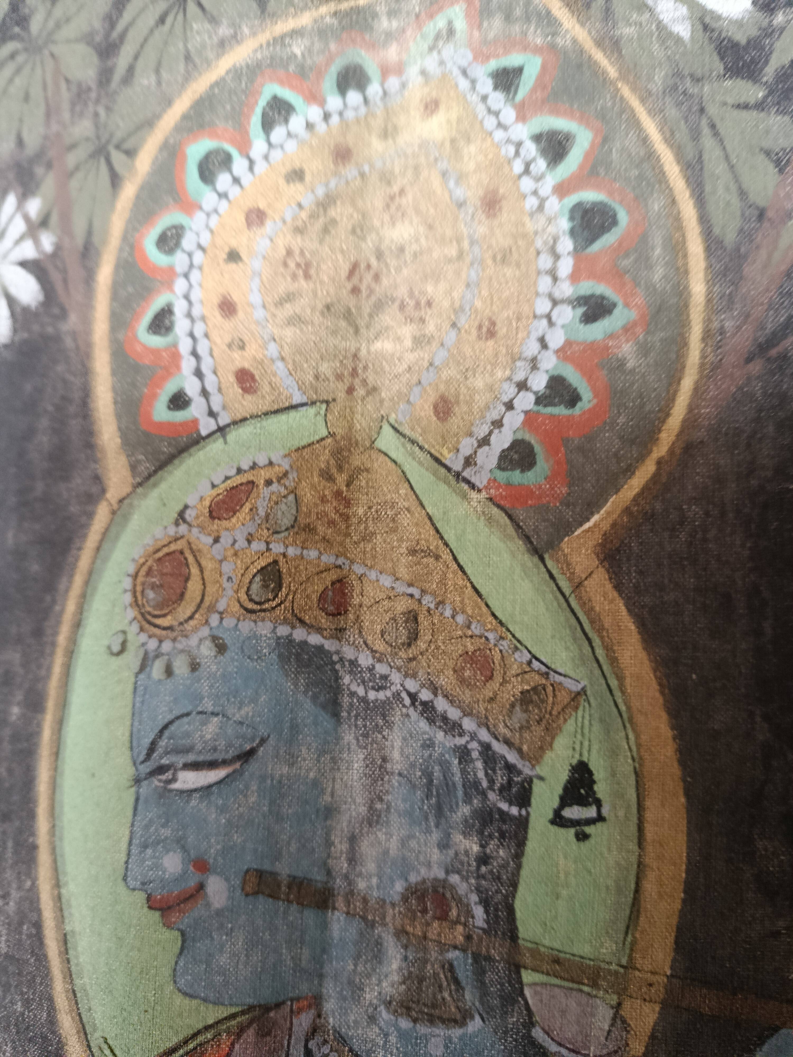 INDIA PICHWAI painting on silk KRISHNA RADHA GOPIS, Kanera Rajasthan mid 20th century