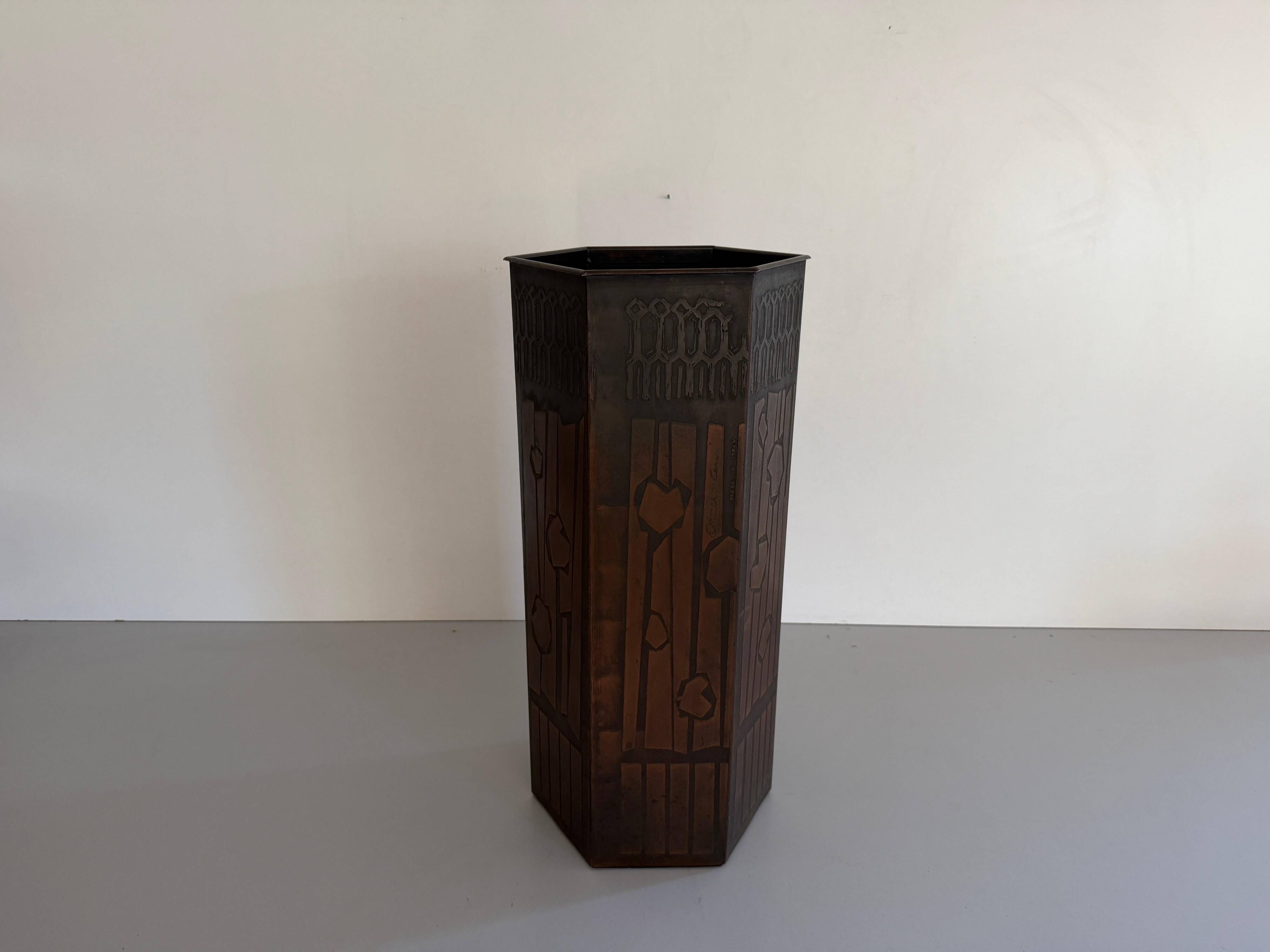 Hexagonal copper umbrella stand signed by the artist, 1960s, Italy.