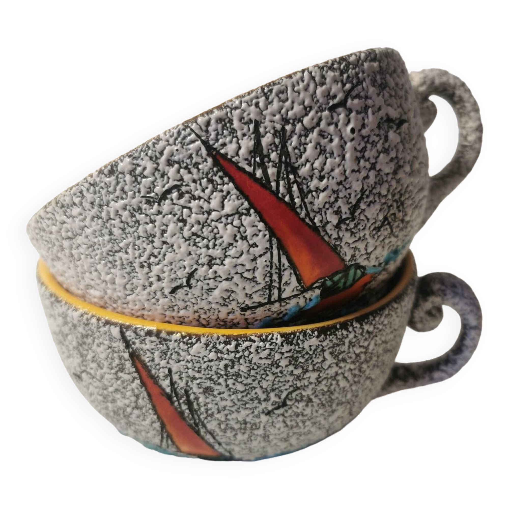 2 Vintage ceramic cups signed Tess boat decor in enamels