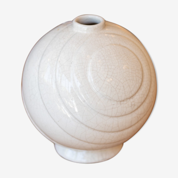 Vase boule art déco en céramique craquelée et vernissée blanche