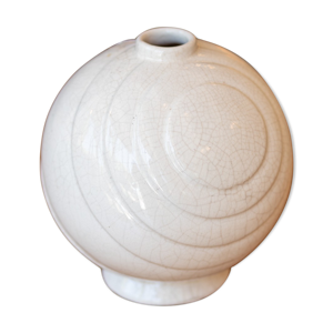 vase boule art déco en céramique craquelée et vernissée blanche