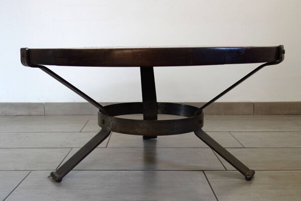 Table basse métal et céramique Vallauris, années 60