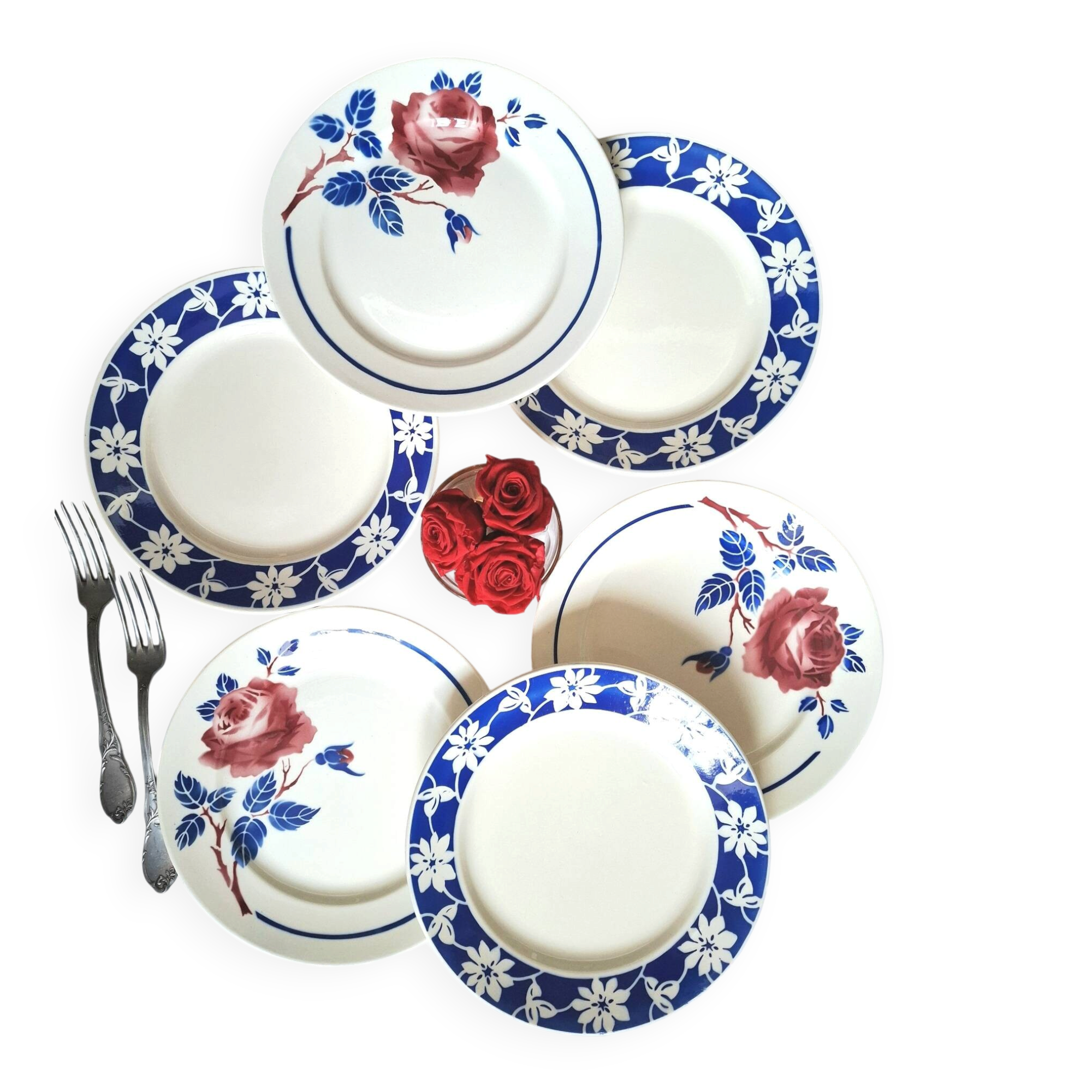 Old mismatched flat plates in earthenware