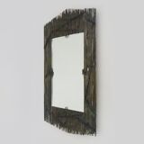 Large rectangular brutalist style metal on wood mirror signed ELY, Ely Creazioni. 70s