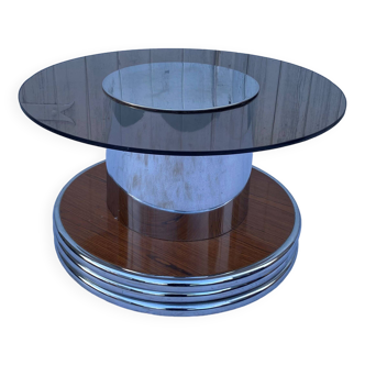 Round coffee table in smoked glass, chromed metal and wood, 1960s
