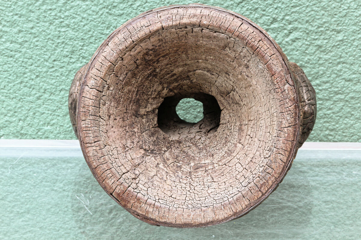 Brutalist candlestick, antique Asian grain sorter in carved wood.