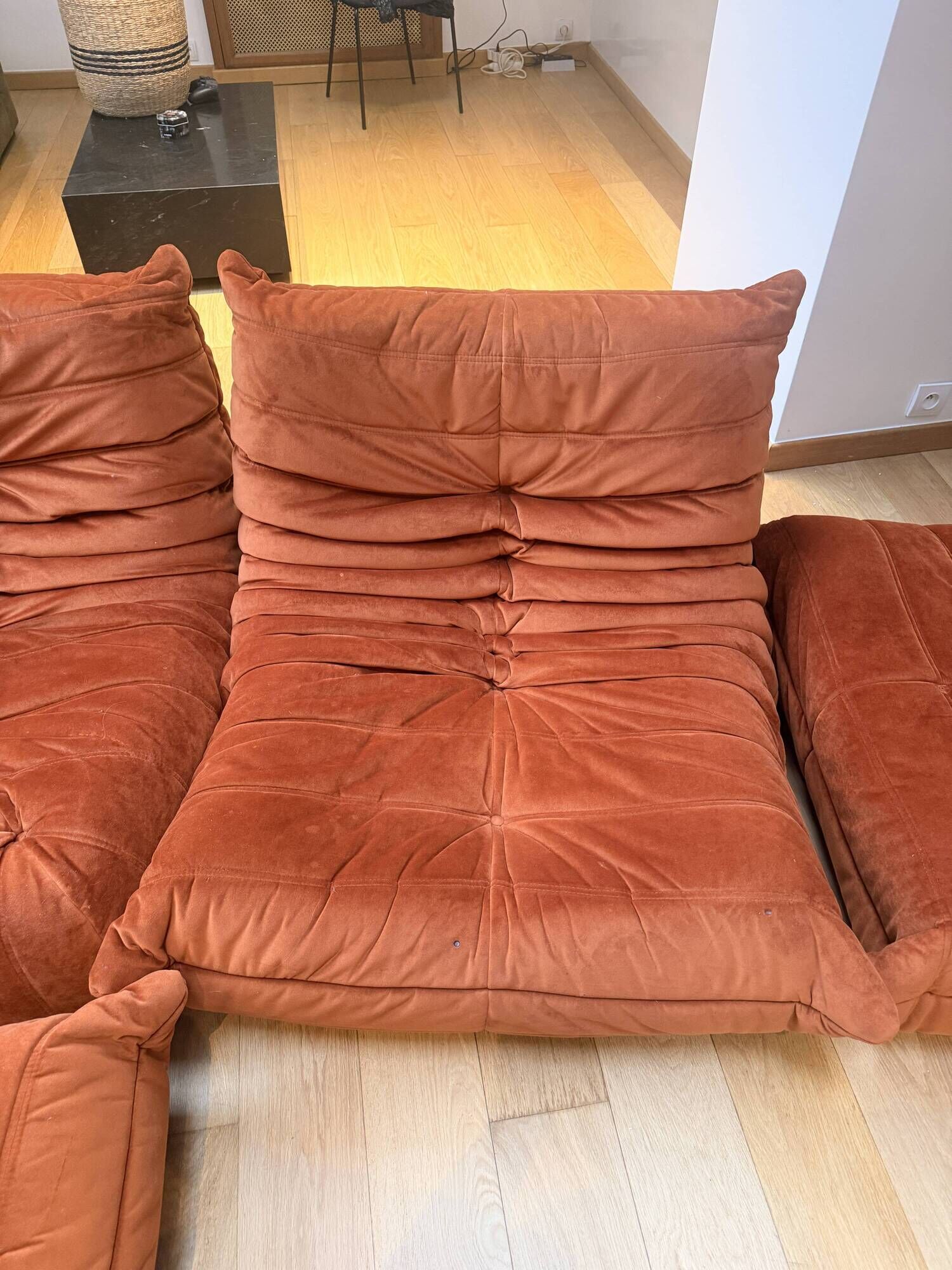 Togo set by Michel Ducaroy for Ligne Roset – 4 pieces in orange velvet.
