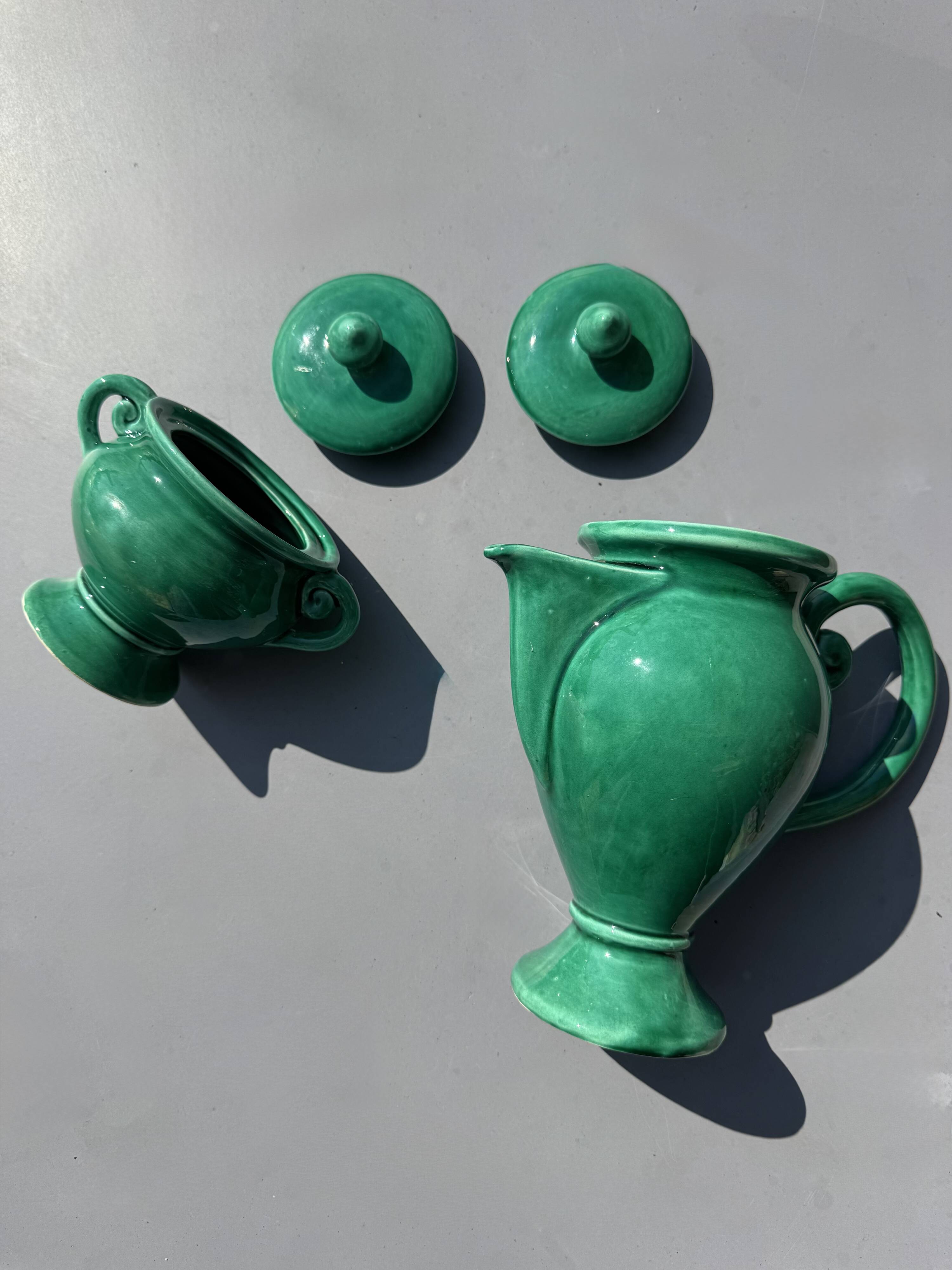 Ceramic glazed green jug and sugar bowl set, Vallauris
