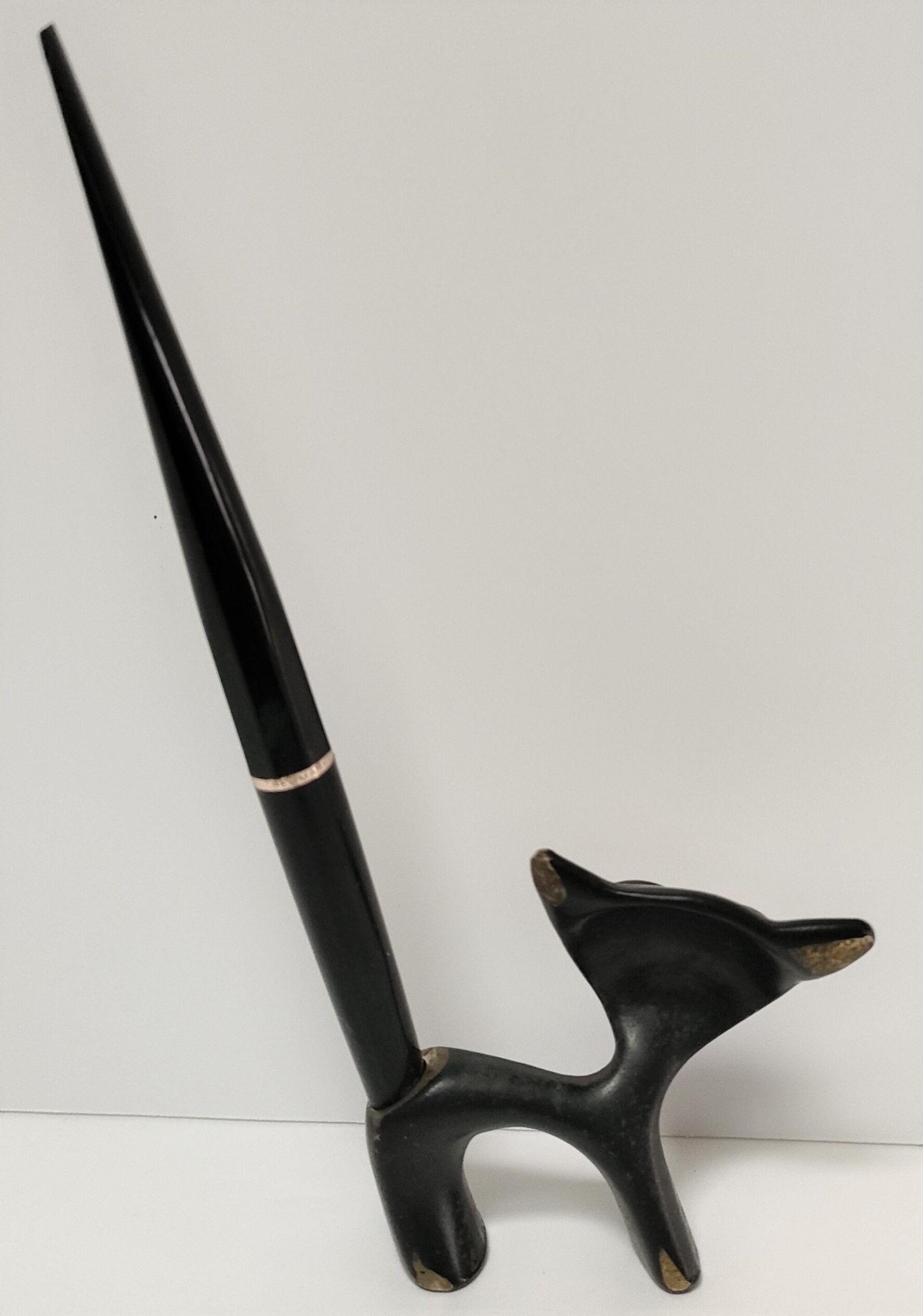 Porte stylo zoomorphe chat bronze patine noir design vintage