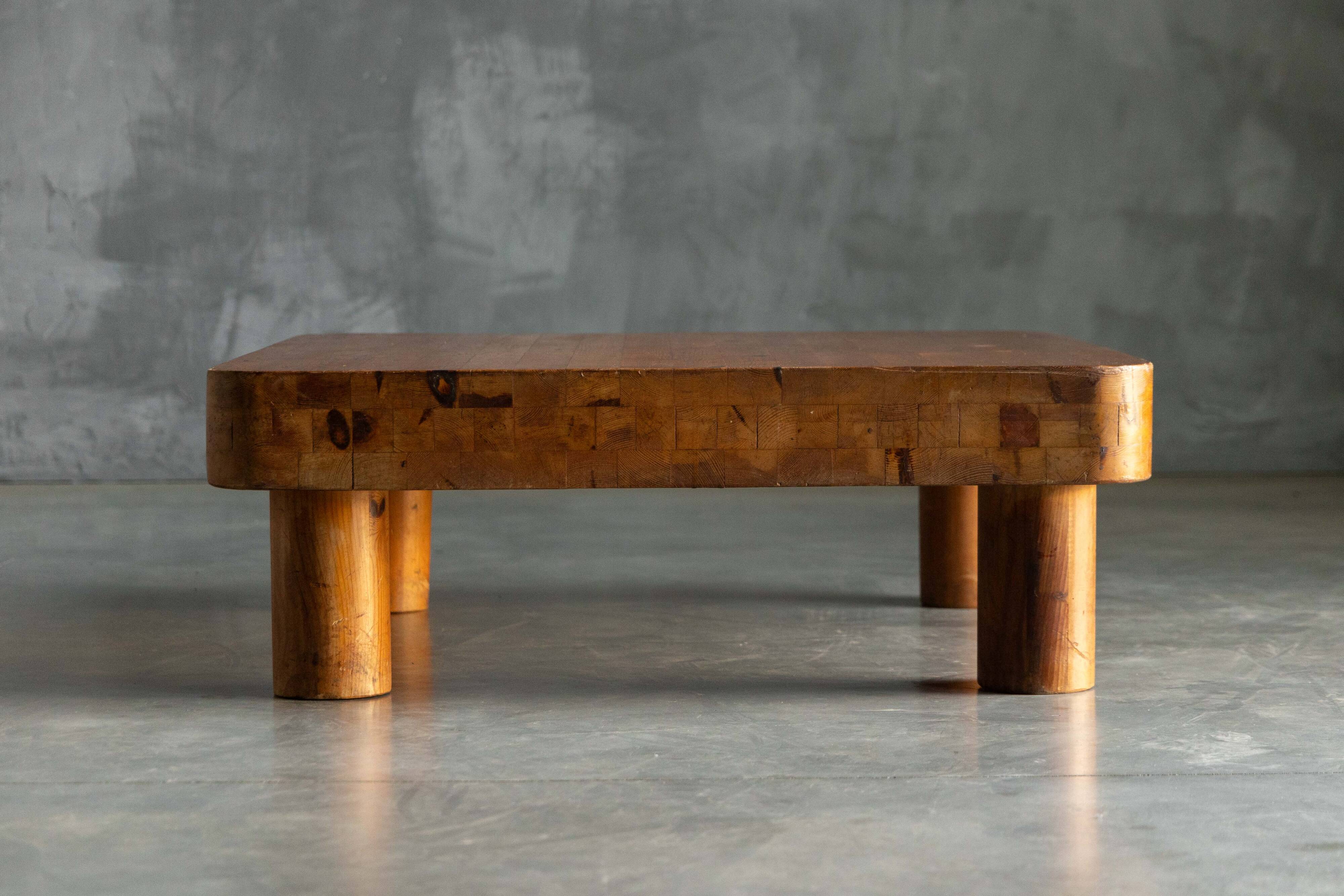 Brutalist pine low coffee table, France, 1960s