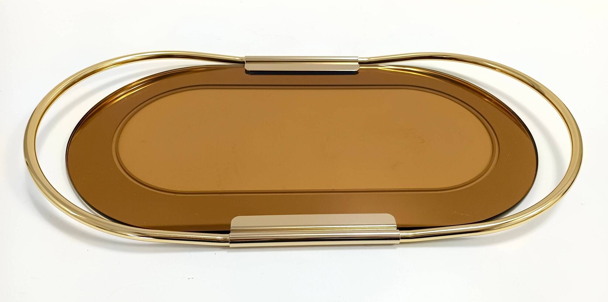 Oval 24k Gold Plated and Bronzed Pink Mirrored Tray by Umberto Mascagni