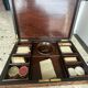 Antique Boston game box from the 19th century - marquetry, tokens, and handwritten rules.
