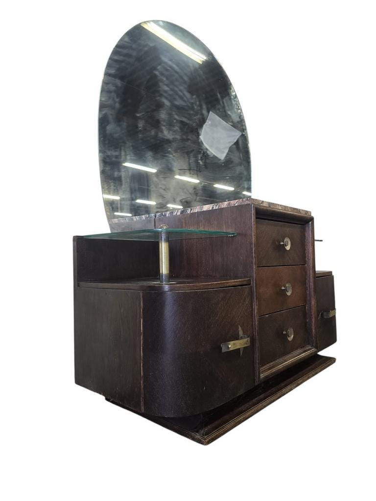 Vintage curved wooden sideboard / Art Deco wardrobe with mirror