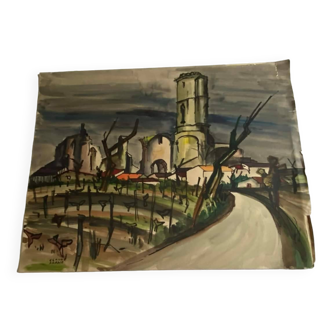 Watercolor/drawing on thick paper signed Claude ABADIE “L’abbaye”