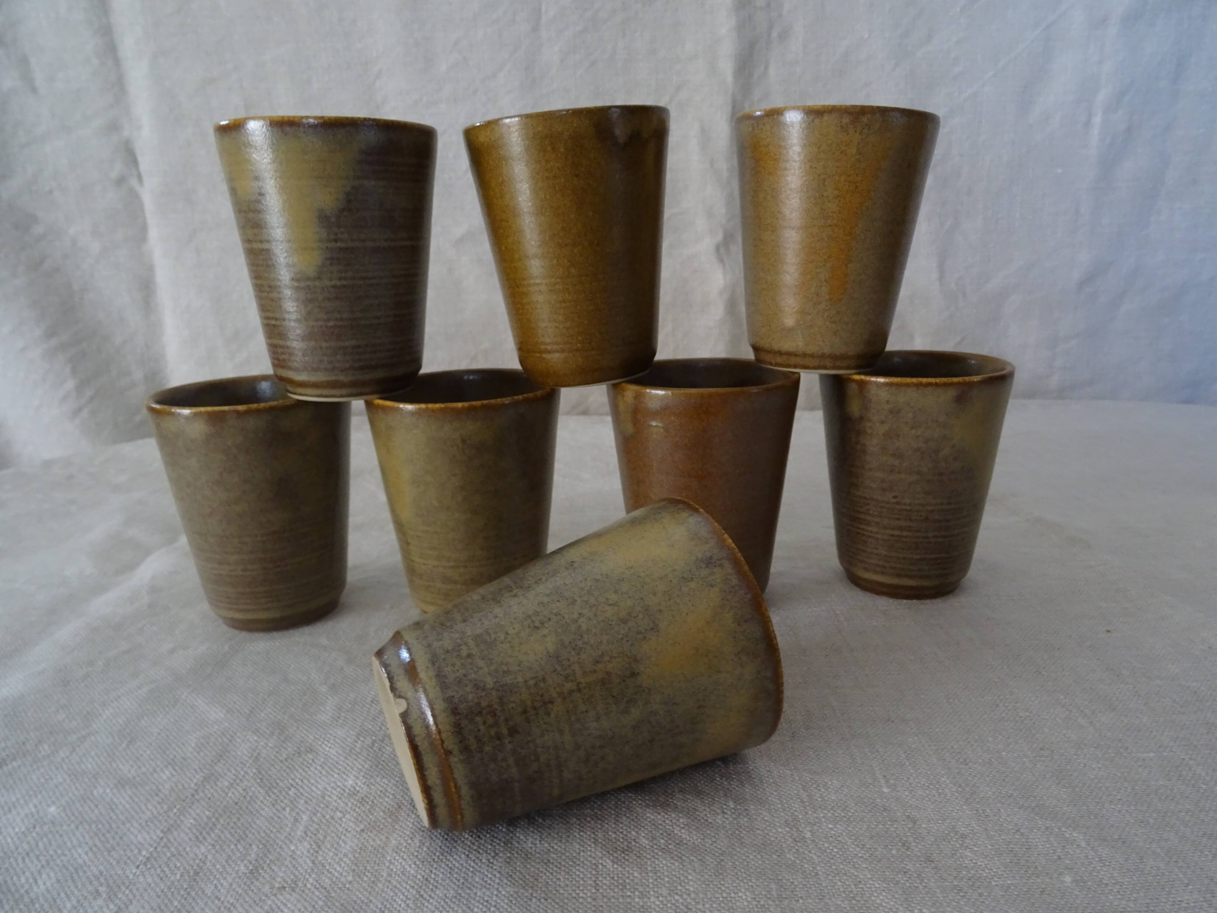 Lot 8 glasses sandstone cups stamped Digoin mug vintage cup