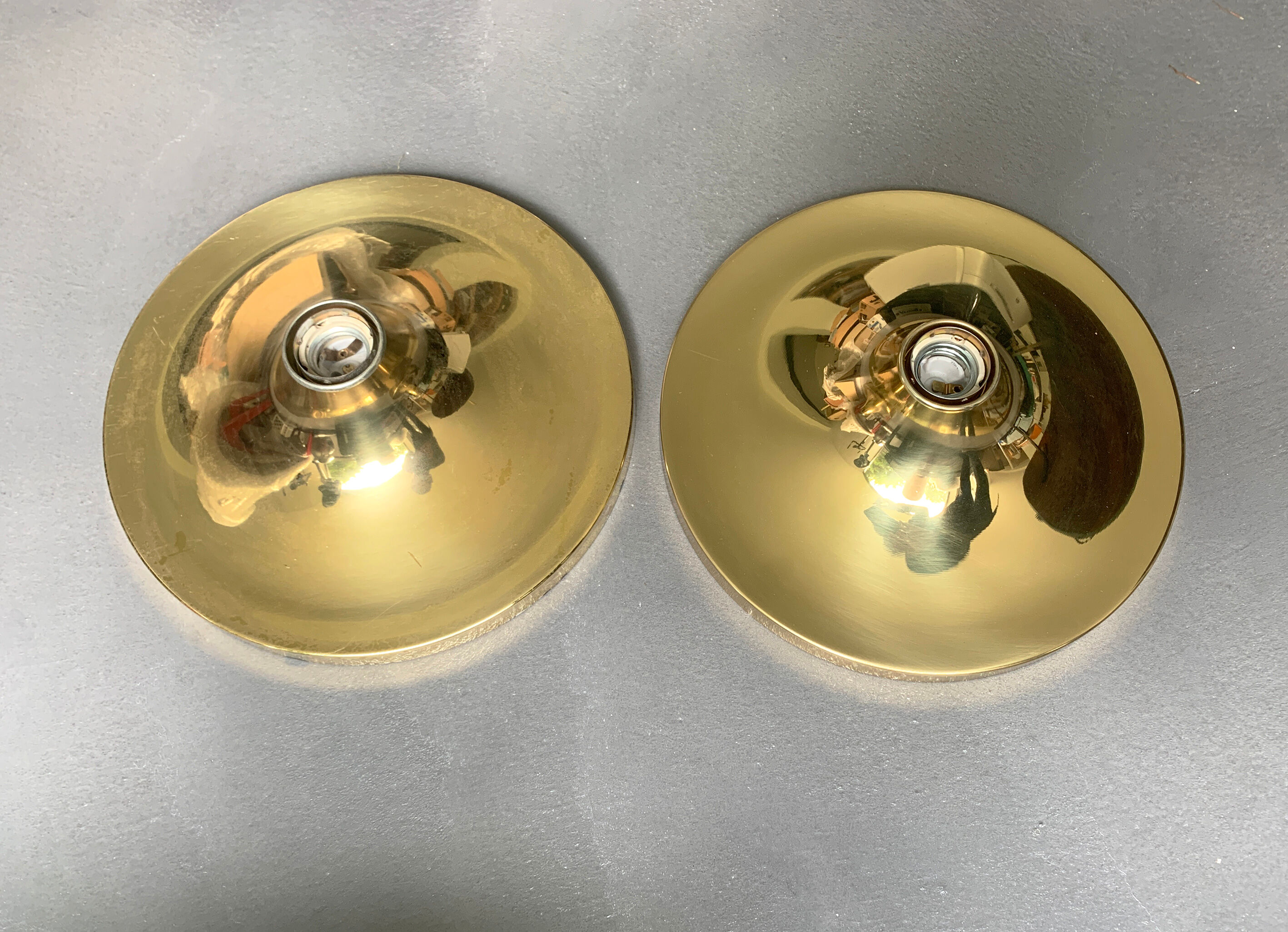 Pair of gold space-age wall lamps flush light gold sölken leuchten germany