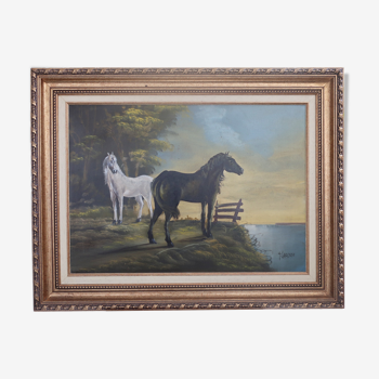 Peinture à l’huile - Chevaux - Peintre Teixeira Cardoso.