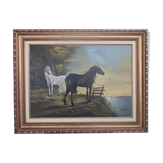 Peinture à l’huile - Chevaux - Peintre Teixeira Cardoso.