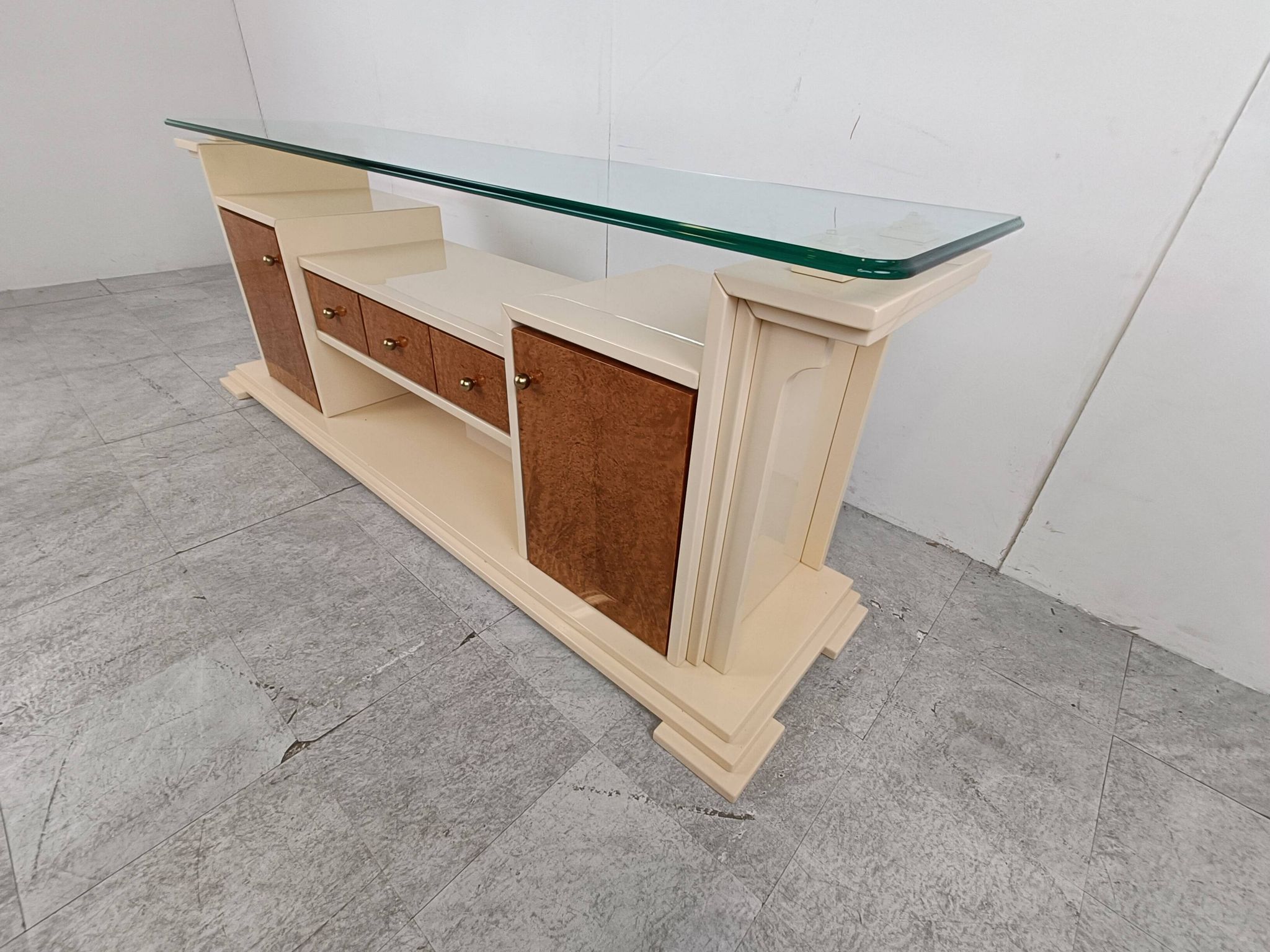 Vintage lacquer and burl wood credenza, 1980s