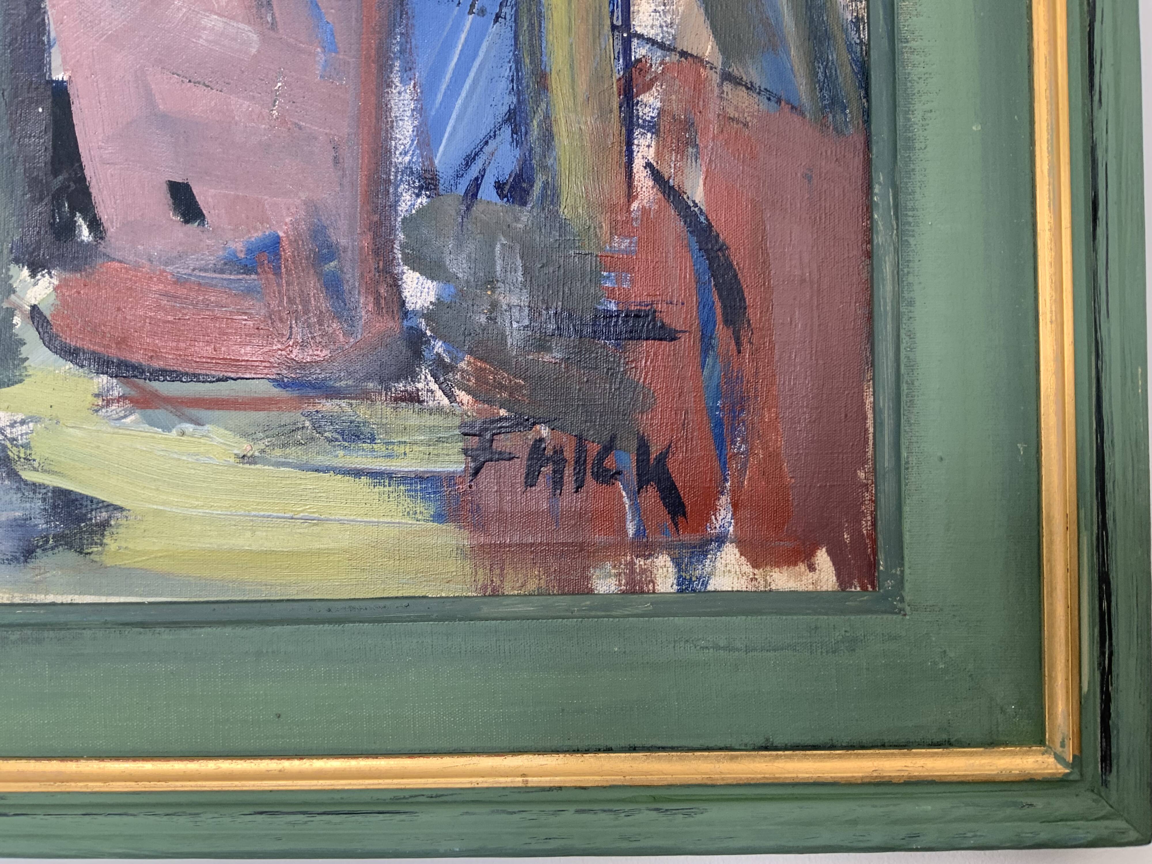 Vintage Modernists Oil Painting Still Life With Red Bottle, Signed Falck