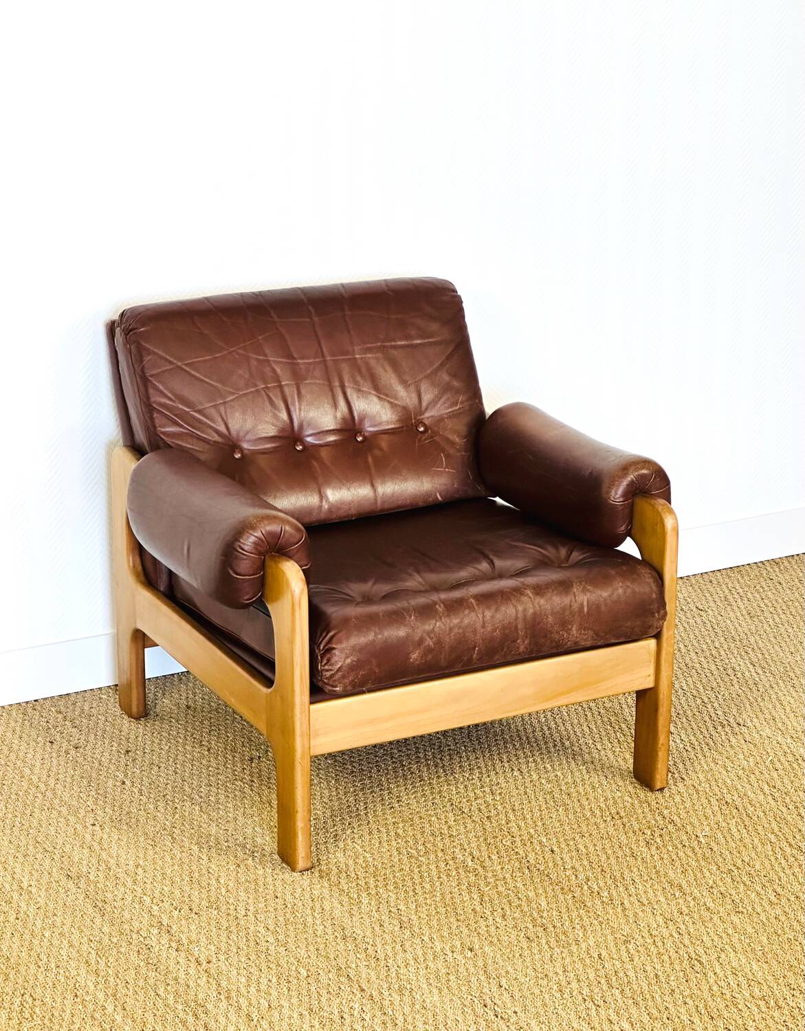 Vintage Scandinavian leather and teak armchair 1960