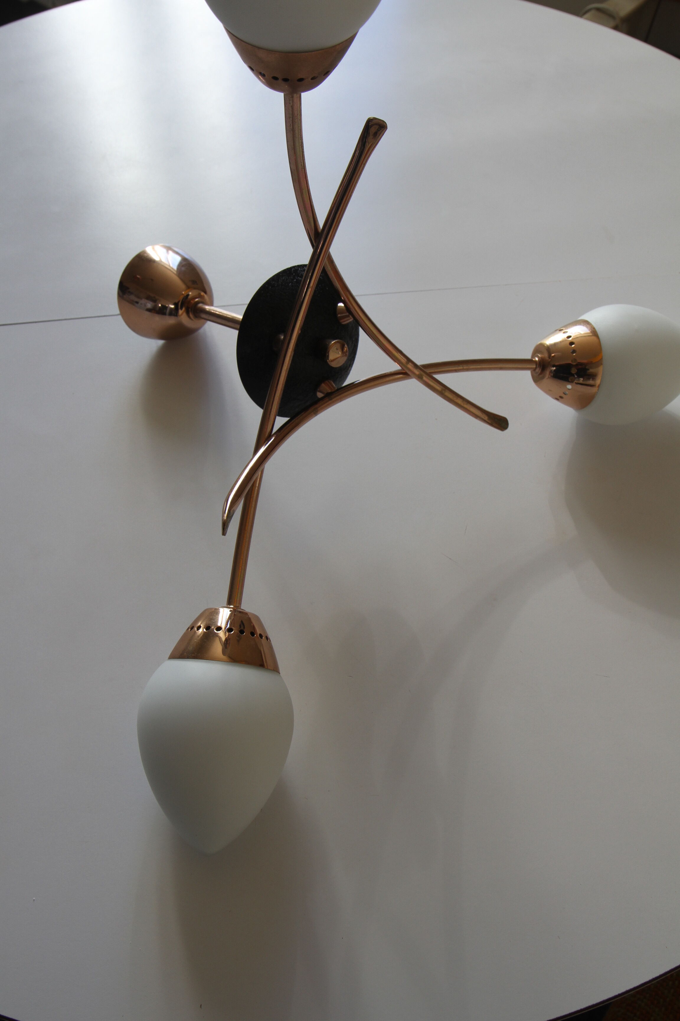 Three-arm brass and glass chandelier from the 1950s