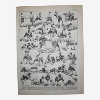 Engraving wrestling, combat sport, boxing original lithograph from 1898
