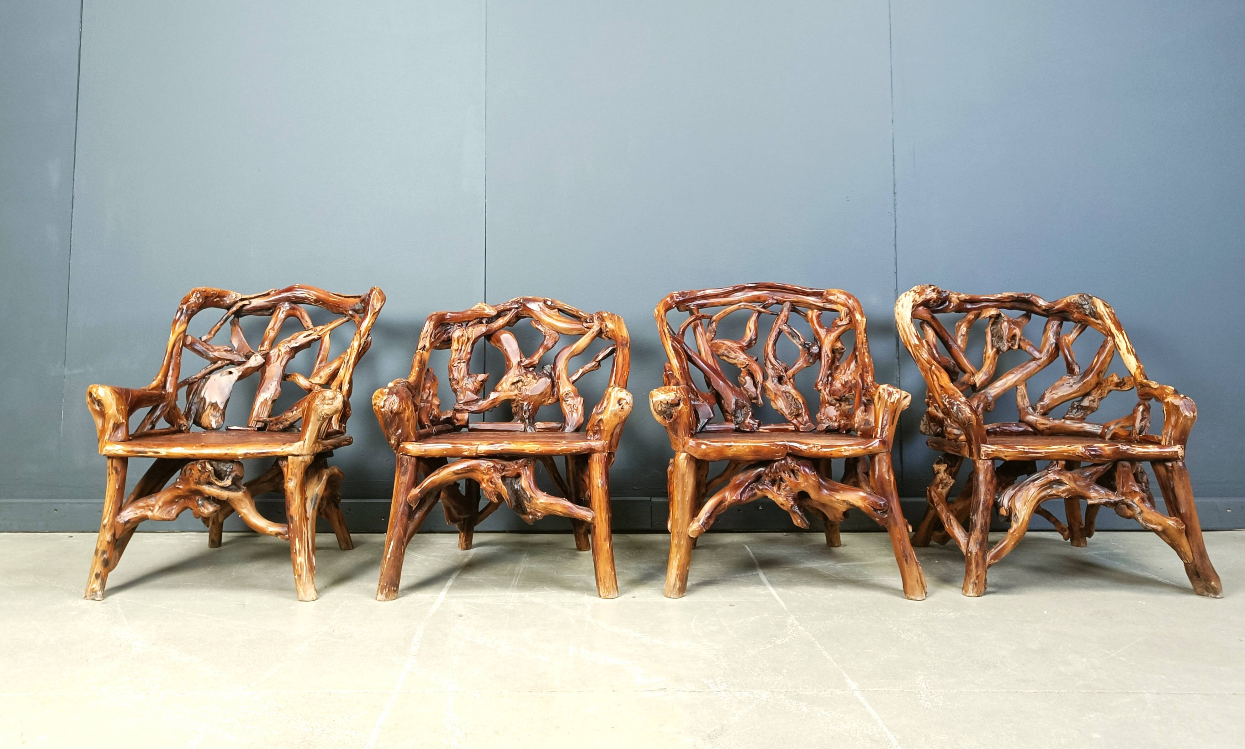 Rustic wood and knotted root armchairs, set of 4 - 1960s