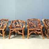 Rustic wood and knotted root armchairs, set of 4 - 1960s