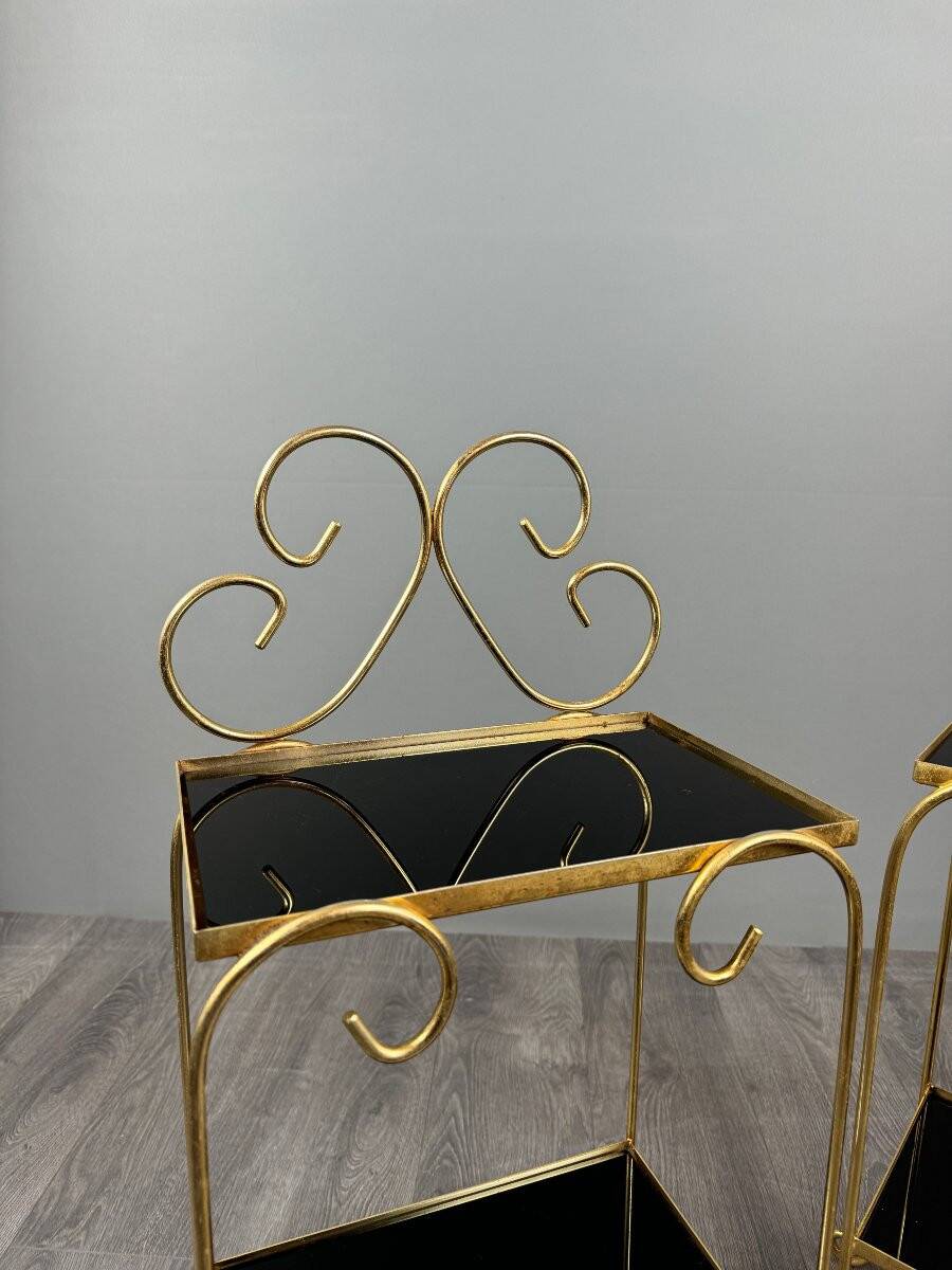 Pair of vintage side tables in gilt metal, with glazed ceramic tops