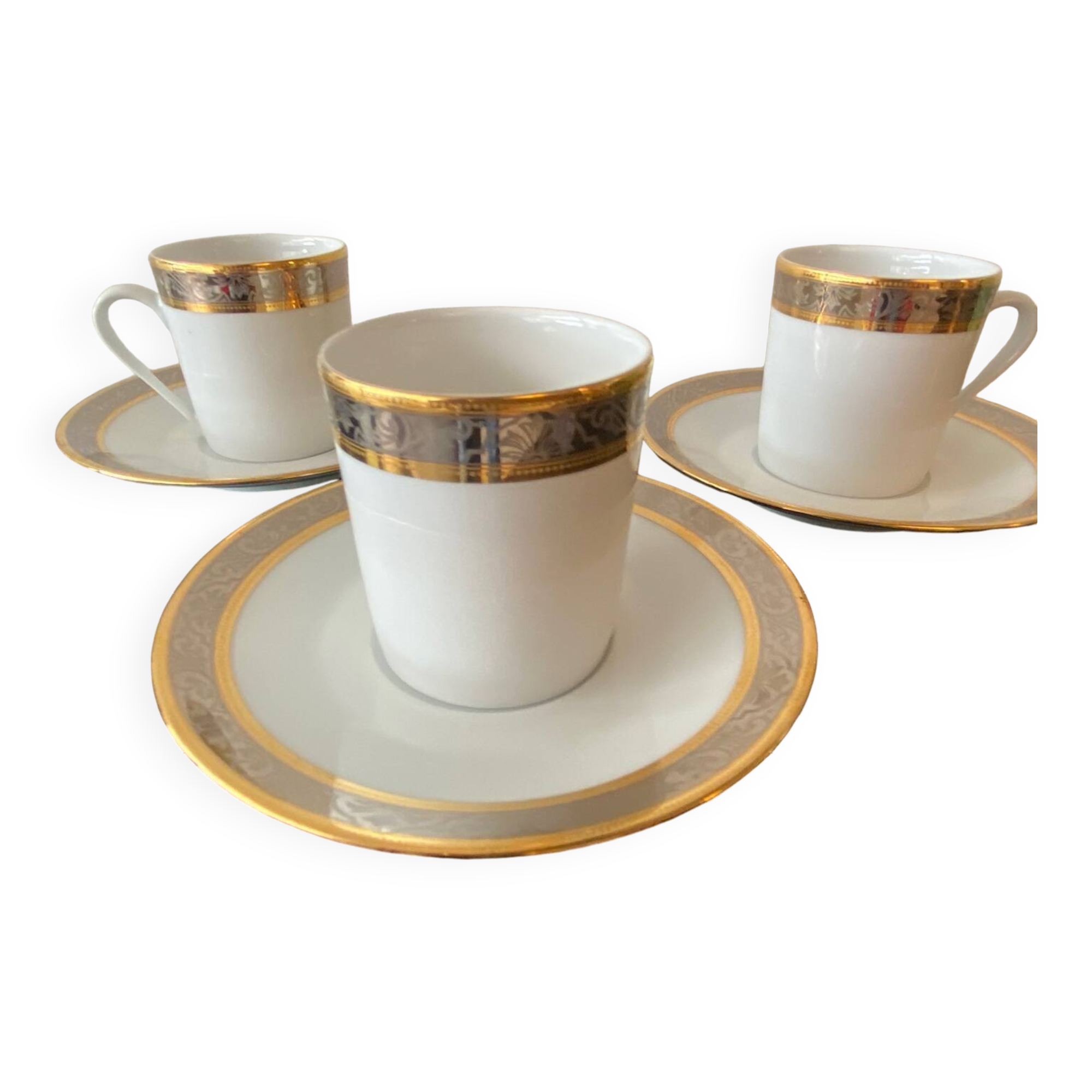 Trio of Limoges Sologne Porcelain Cups and Saucers
