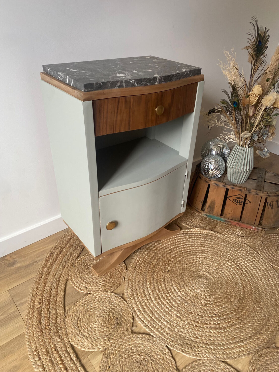 Pair of mismatched art deco bedside tables in green and wood