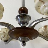 Art Deco chandelier in wood, chrome metal, and glass.