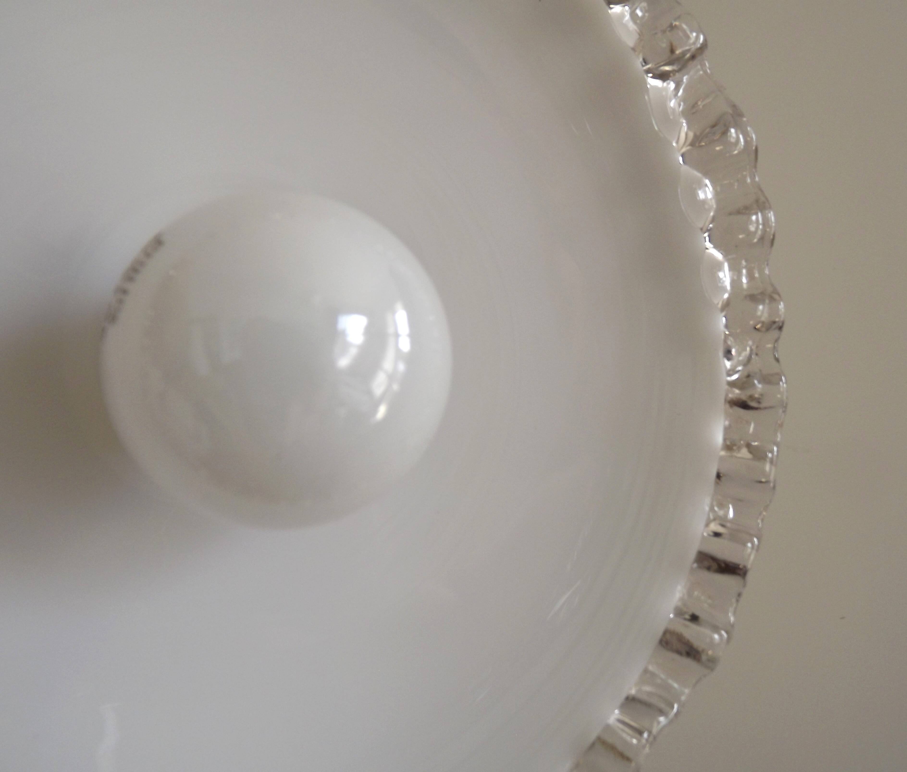 Vintage French Art Deco Opaline Glass Pendant Light Clear Frilled Edge